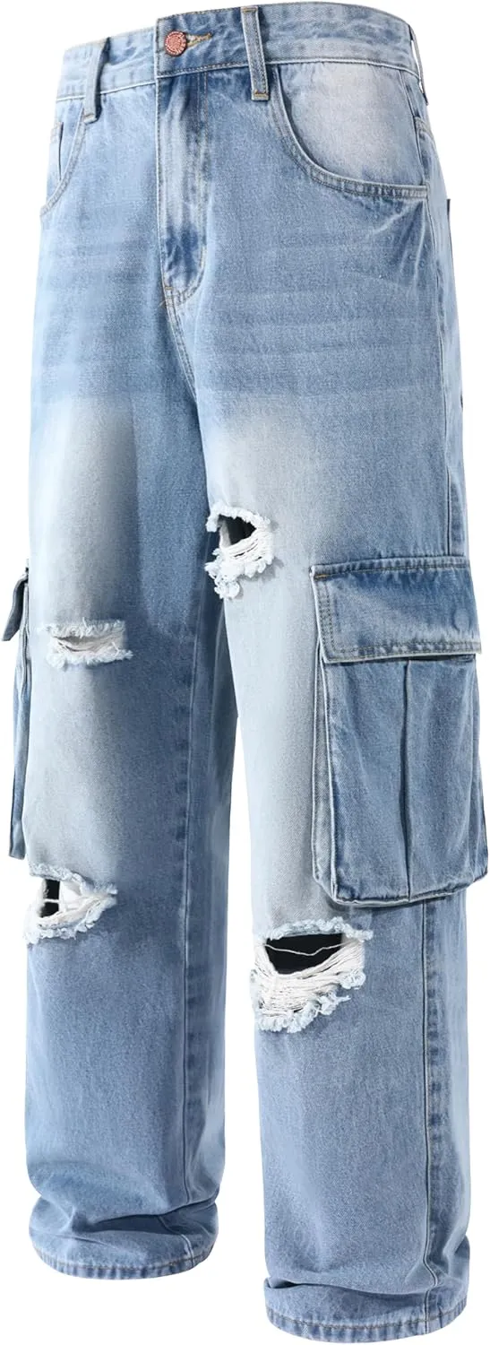 Men's Non-Stretch Loose Fit Wide-Leg Baggy Cargo Jeans Pants