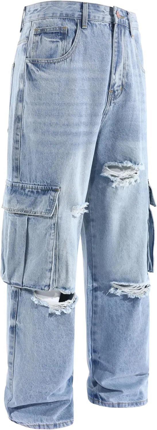 Men's Non-Stretch Loose Fit Wide-Leg Baggy Cargo Jeans Pants