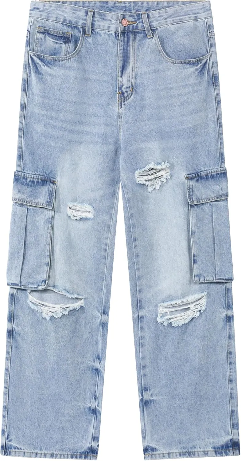 Men's Non-Stretch Loose Fit Wide-Leg Baggy Cargo Jeans Pants