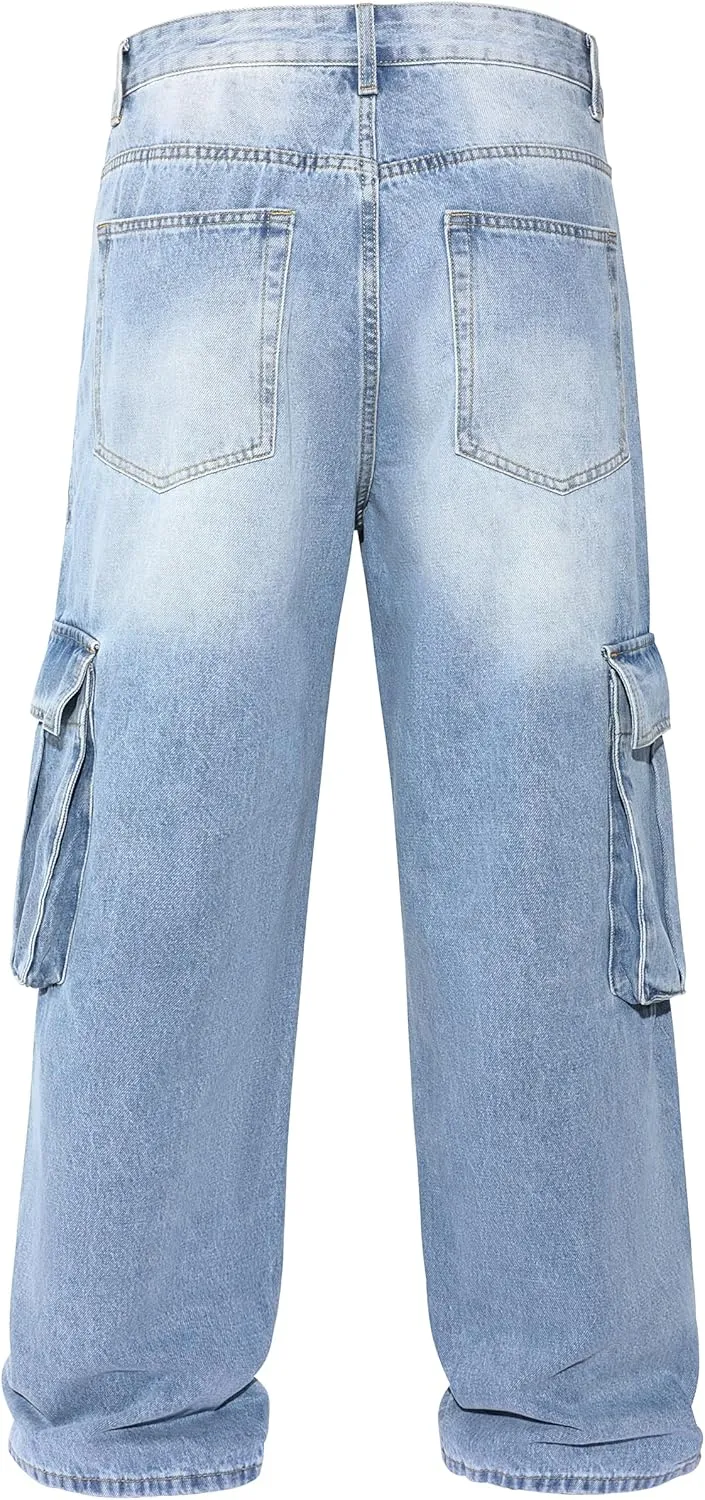 Men's Non-Stretch Loose Fit Wide-Leg Baggy Cargo Jeans Pants
