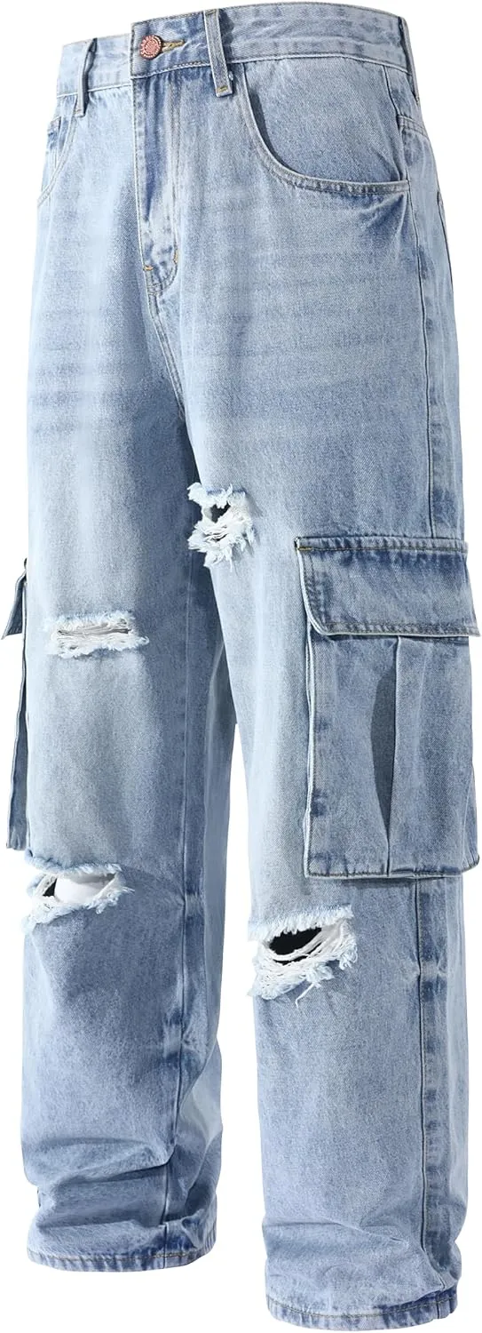 Men's Non-Stretch Loose Fit Wide-Leg Baggy Cargo Jeans Pants