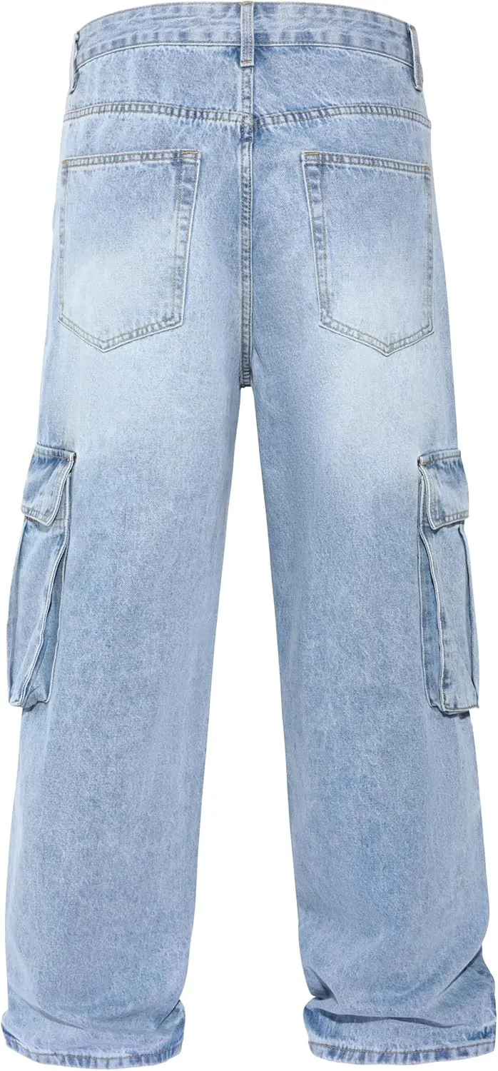 Men's Non-Stretch Loose Fit Wide-Leg Baggy Cargo Jeans Pants