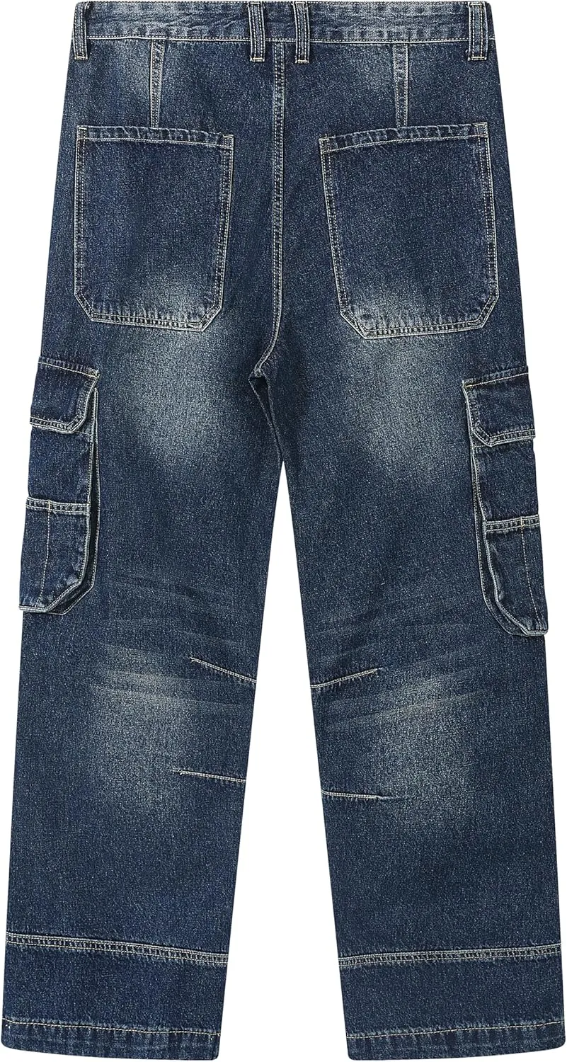 Men's Non-Stretch Loose Fit Wide-Leg Baggy Cargo Jeans Pants
