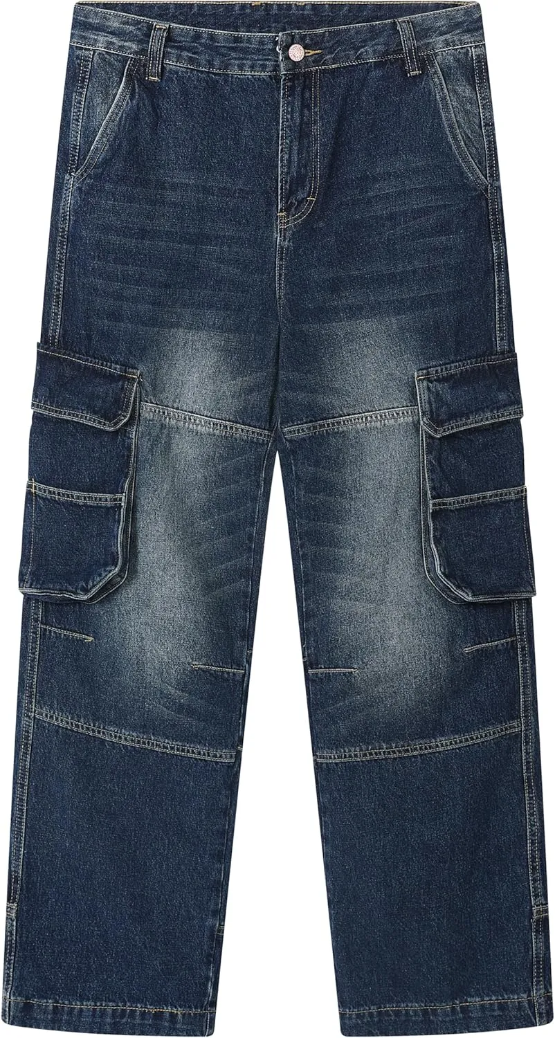 Men's Non-Stretch Loose Fit Wide-Leg Baggy Cargo Jeans Pants