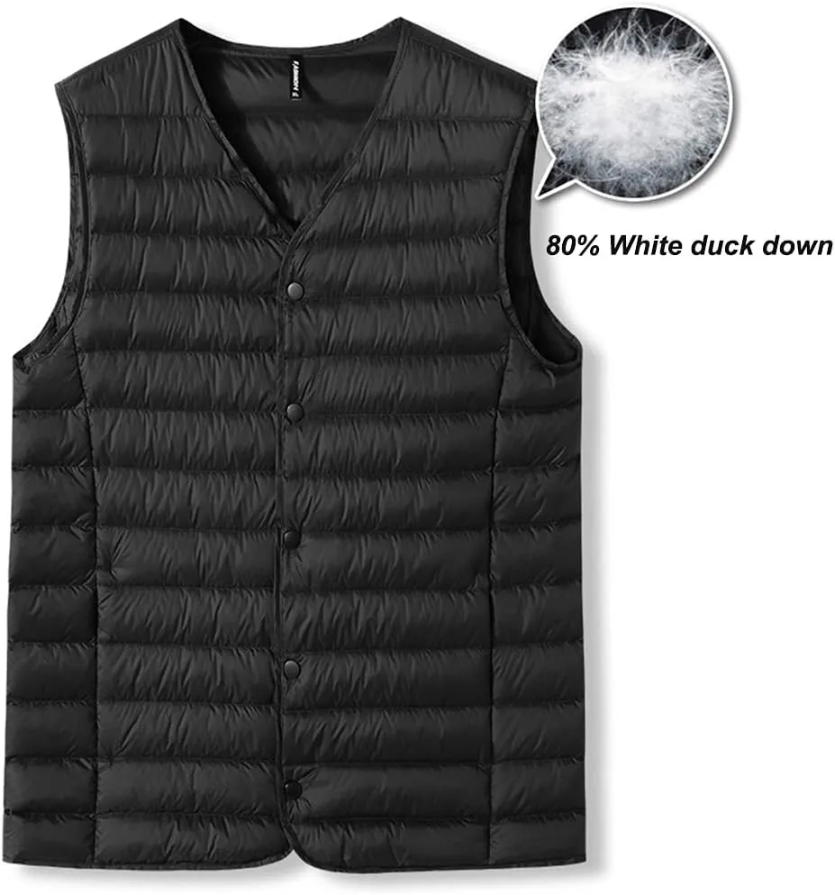 Mens Quilted Down Gilet, V-Neck Lightweight Zip Padded Vest Bodywarmer for Winter Travelling, Walking