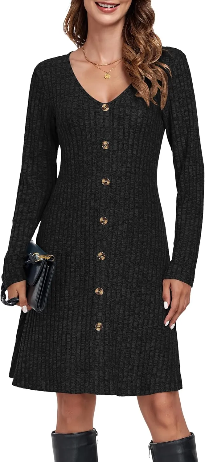 MOLERANI Women V Neck Long Sleeve Fall Dresses 2024 Knee Length Knit Casual Sweater Dress Button A Line Flowy Dresses
