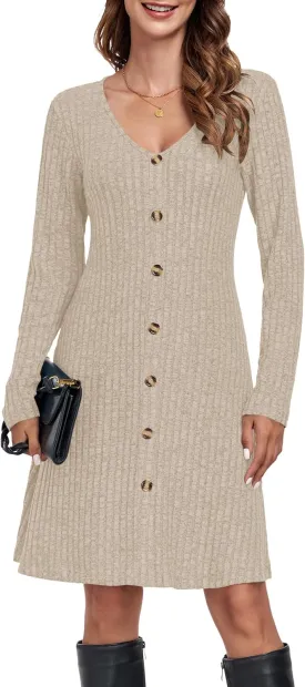 MOLERANI Women V Neck Long Sleeve Fall Dresses 2024 Knee Length Knit Casual Sweater Dress Button A Line Flowy Dresses