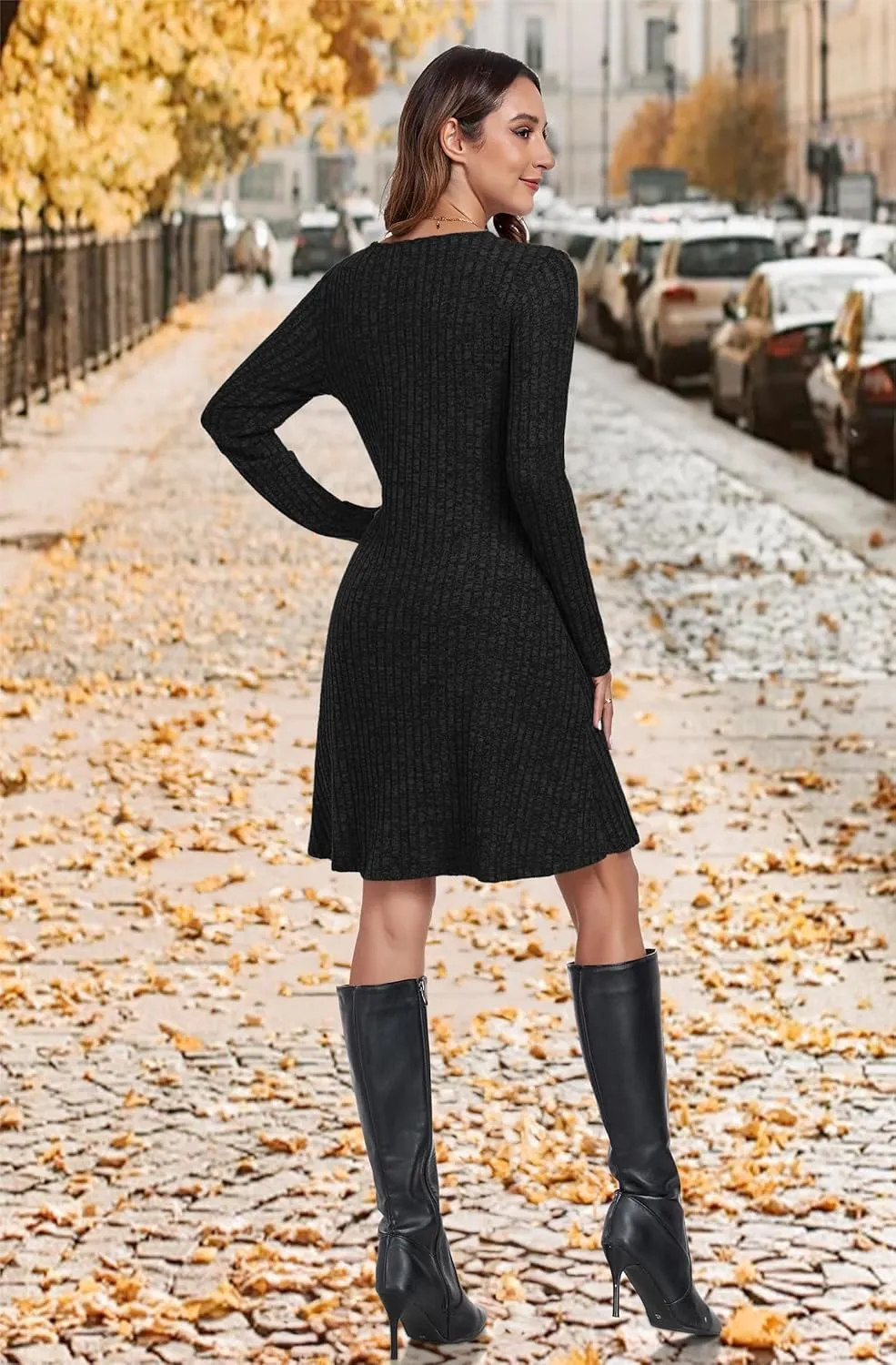 MOLERANI Women V Neck Long Sleeve Fall Dresses 2024 Knee Length Knit Casual Sweater Dress Button A Line Flowy Dresses