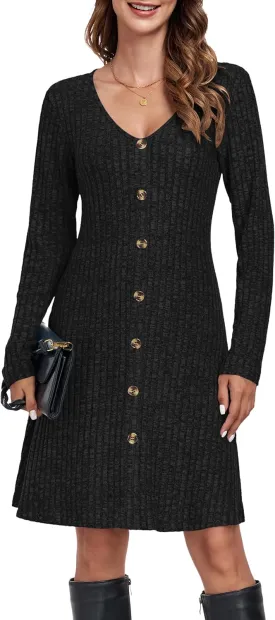 MOLERANI Women V Neck Long Sleeve Fall Dresses 2024 Knee Length Knit Casual Sweater Dress Button A Line Flowy Dresses