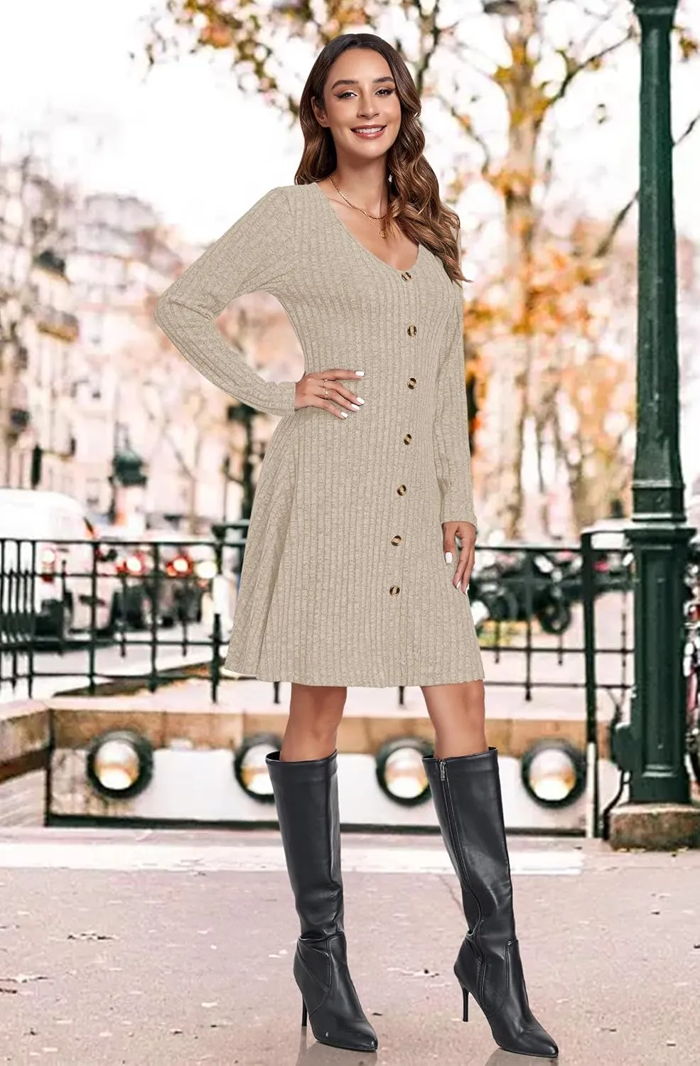 MOLERANI Women V Neck Long Sleeve Fall Dresses 2024 Knee Length Knit Casual Sweater Dress Button A Line Flowy Dresses