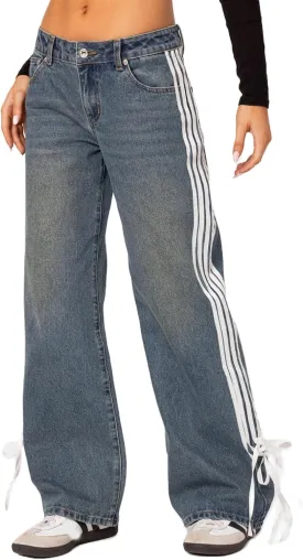 Mxiqqpltky Womens Wide Leg Jeans High Waist Boyfriend Denim Pants Side Striped Print Straight Baggy Mom Jeans Y2k Streetwear