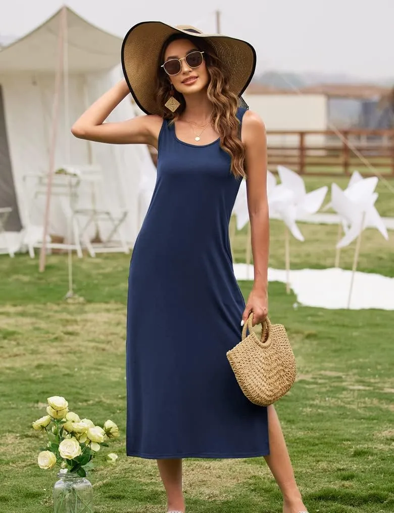 Naggoo Women's Sleevelee Tank Dress Midi Summer Casual Scoop Neck Basic Split Maxi Tshirt Sundresses with Pockets