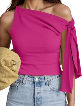 One Off Shoulder Top for Women Tie Sleeve Slim Fit Summer Going Out Asymmetrical Tank Top Fashion Blouses