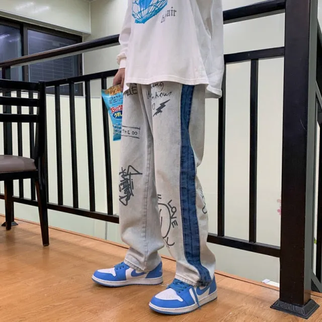 Patchwork Letter Printed Straight Loose Jeans