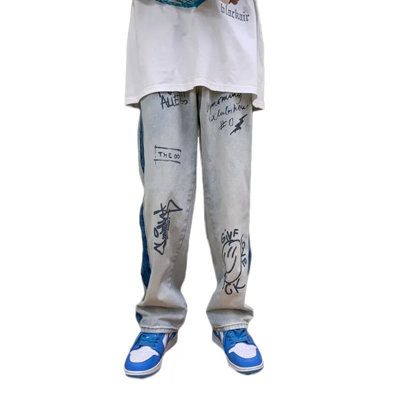Patchwork Letter Printed Straight Loose Jeans