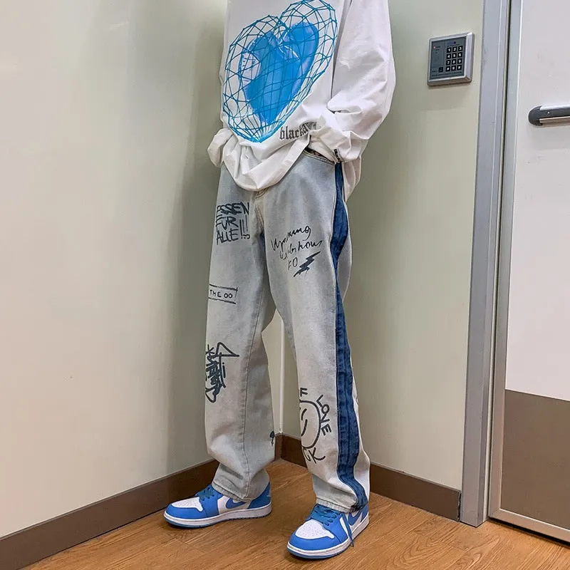 Patchwork Letter Printed Straight Loose Jeans