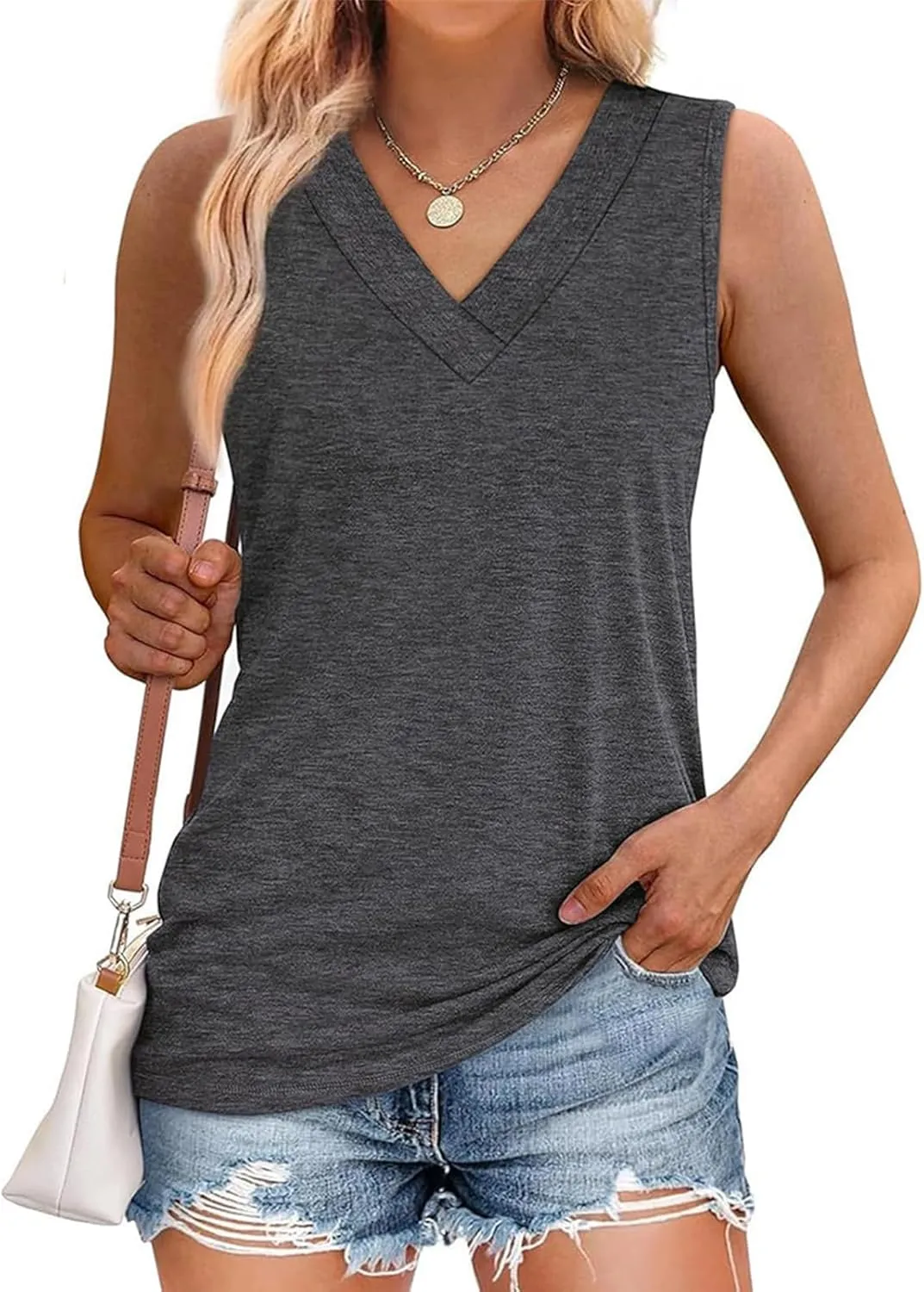 Peliaral Tank Top, Women's Sleeveless V-Neck Slimming Loose Fit Casual Tank Top T-Shirt, Lightweight Fabric with 10 Colors