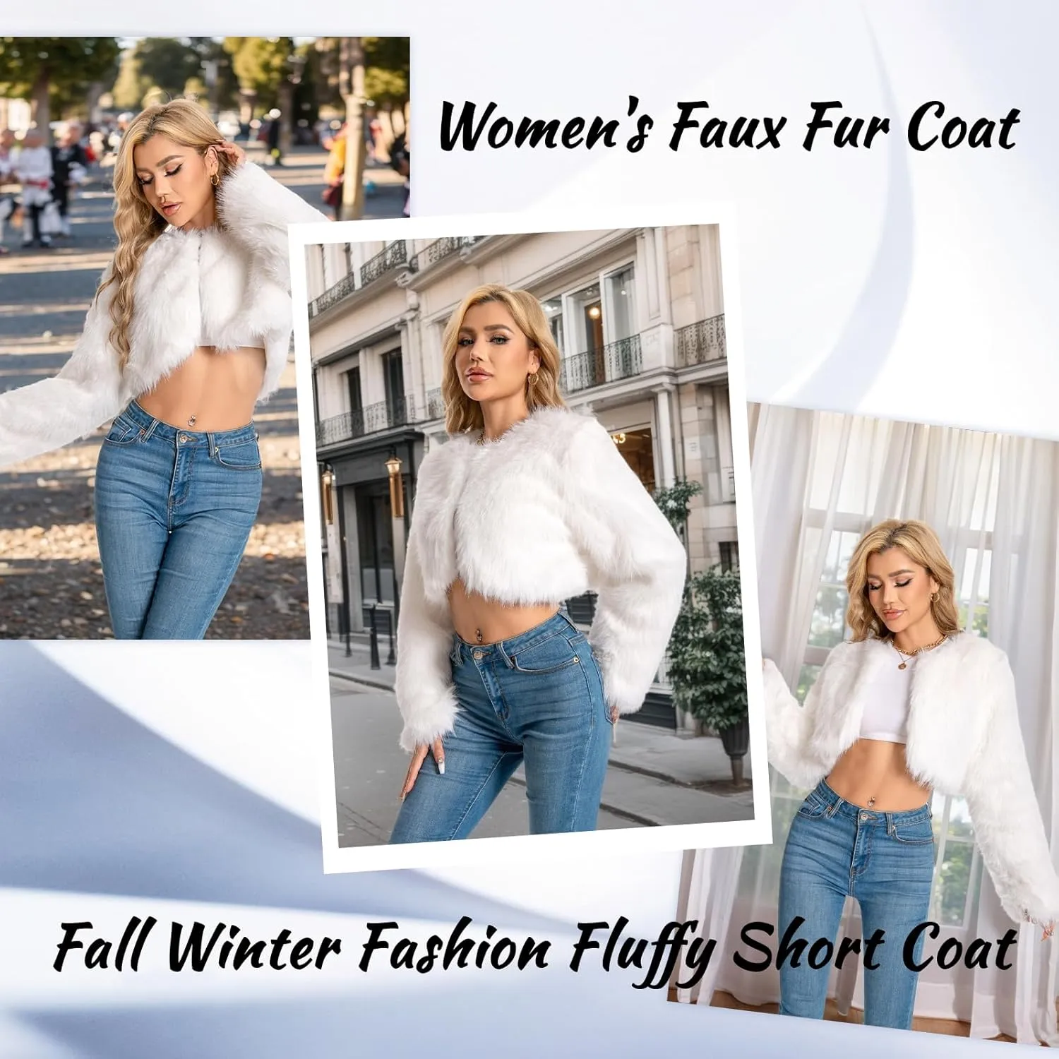 Petite Cropped Fur Coat for Women, Faux Furry Long Sleeve Fluffy Jacket Open Front Winter Shaggy Warm Outwear.