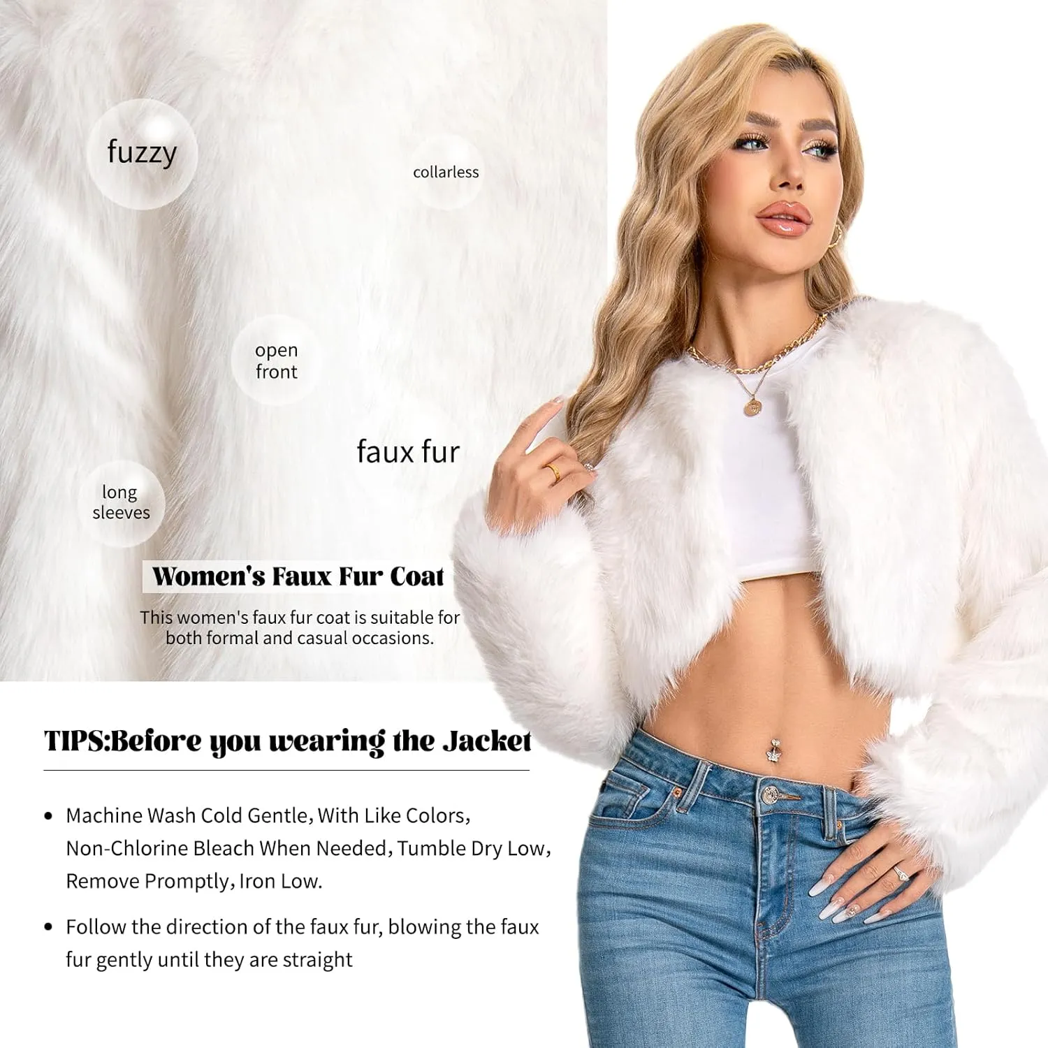 Petite Cropped Fur Coat for Women, Faux Furry Long Sleeve Fluffy Jacket Open Front Winter Shaggy Warm Outwear.