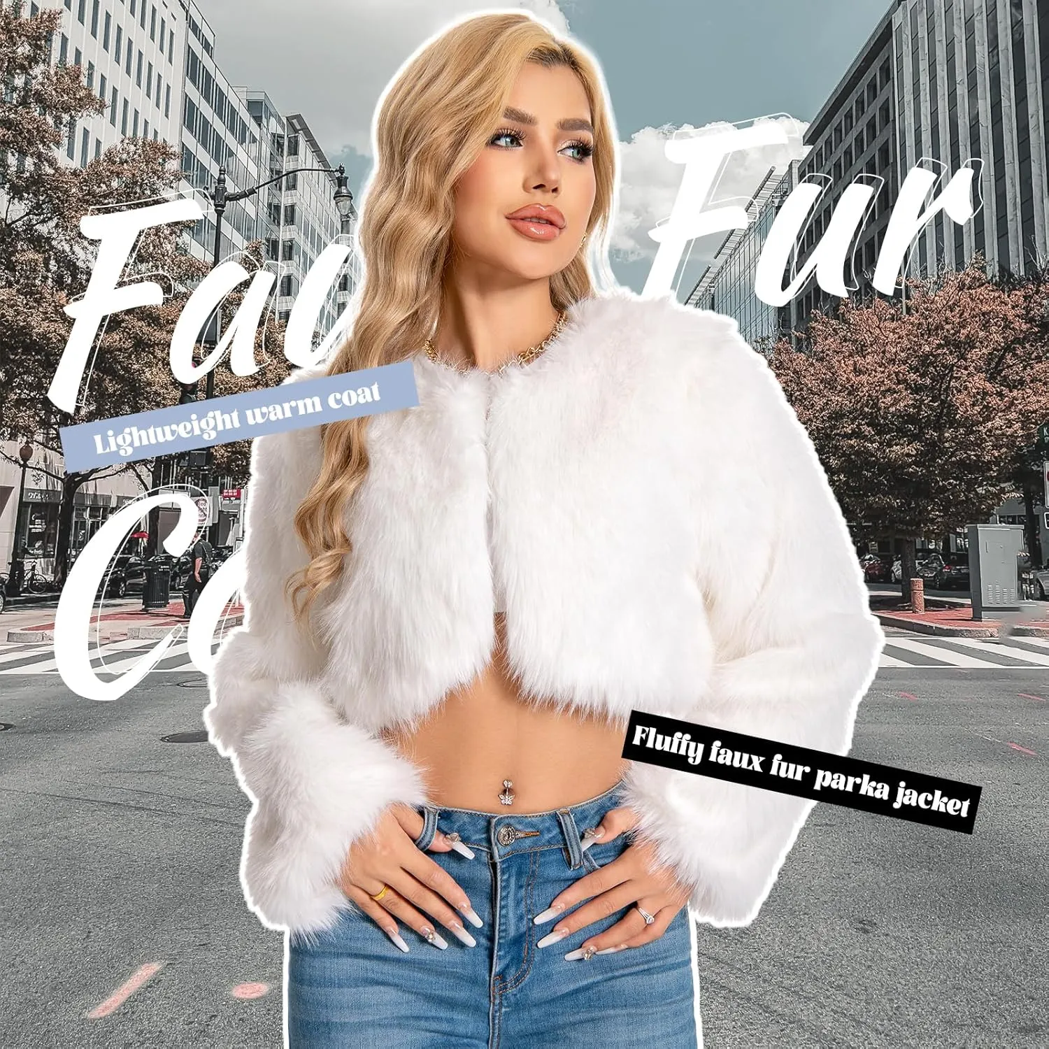 Petite Cropped Fur Coat for Women, Faux Furry Long Sleeve Fluffy Jacket Open Front Winter Shaggy Warm Outwear.