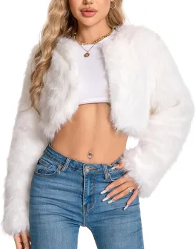 Petite Cropped Fur Coat for Women, Faux Furry Long Sleeve Fluffy Jacket Open Front Winter Shaggy Warm Outwear.
