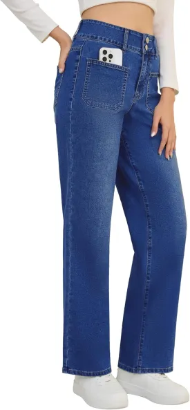 POSHGLAM Wide Leg Jeans for Women Stretchy Straight Denim Pants with 4 Patch Pockets
