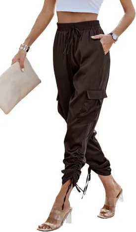 PRETTYGARDEN Women's Satin Jogger Pants Casual Dressy High Waist Long Lounge Pant Trousers Summer Outfits with Pockets