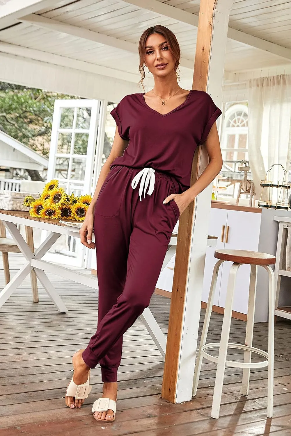 PRETTYGARDEN Women's Two Piece Tracksuit Casual Summer V Neck Short Sleeve Tops Drawstring Jogger Pants Lounge Outfit Sets