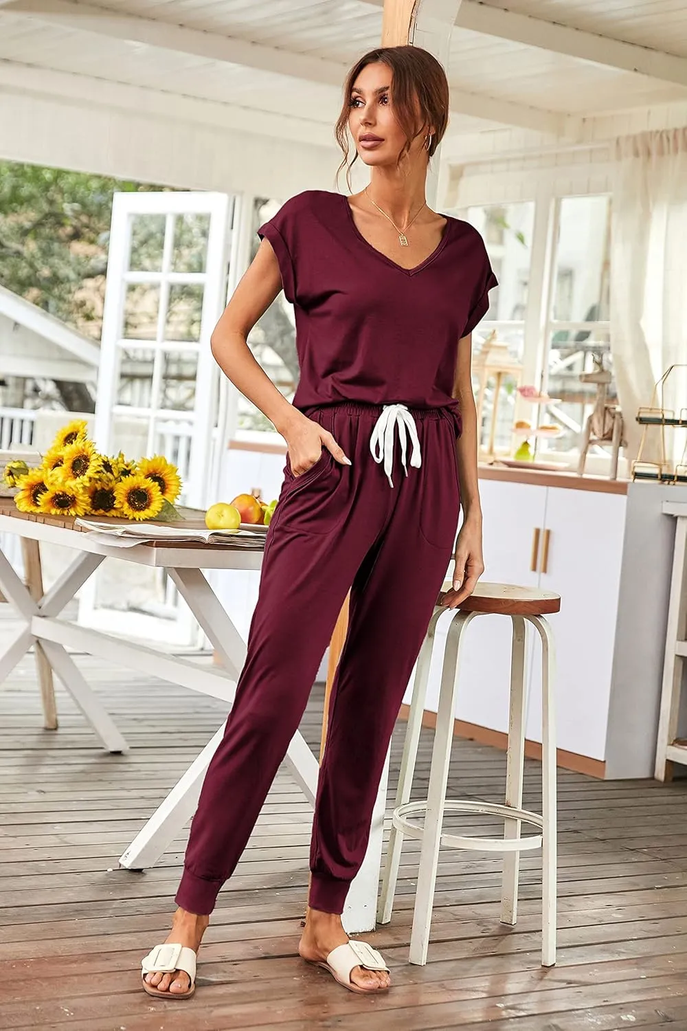 PRETTYGARDEN Women's Two Piece Tracksuit Casual Summer V Neck Short Sleeve Tops Drawstring Jogger Pants Lounge Outfit Sets