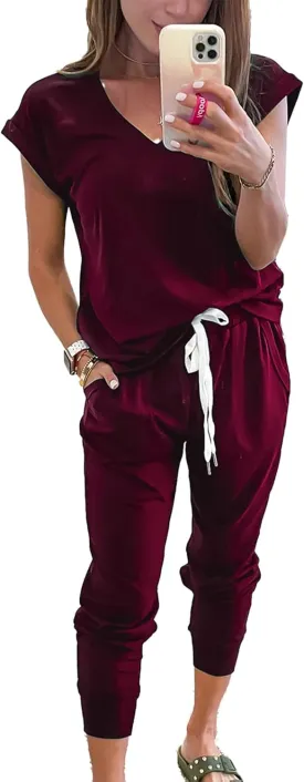 PRETTYGARDEN Women's Two Piece Tracksuit Casual Summer V Neck Short Sleeve Tops Drawstring Jogger Pants Lounge Outfit Sets