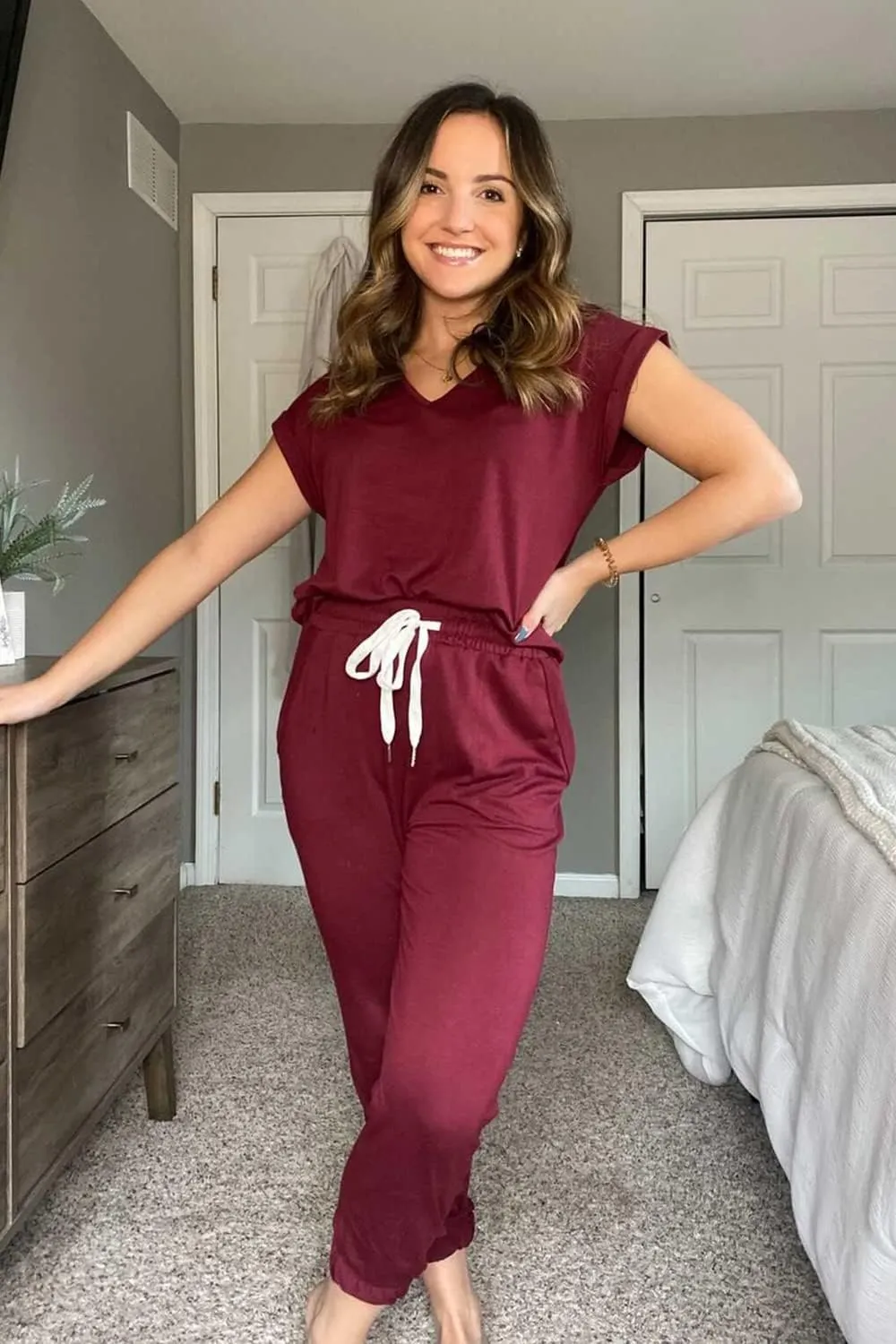 PRETTYGARDEN Women's Two Piece Tracksuit Casual Summer V Neck Short Sleeve Tops Drawstring Jogger Pants Lounge Outfit Sets