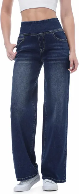 Pull on Wide Leg Jeans for Women, High Waisted Stretchy Baggy Trendy Tummy Control Straight Leg Jeans Denim Pants