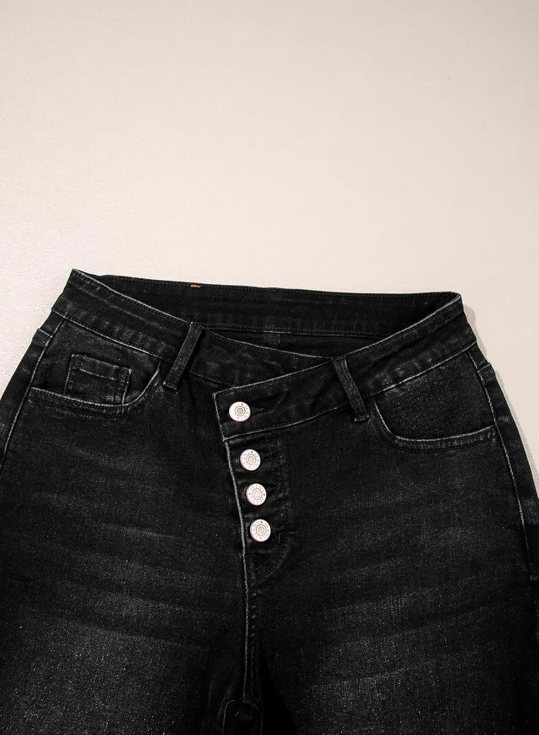 Sidefeel Women's Wide Leg Jeans High Waisted Stretchy Baggy Raw Hem Crossover Button Denim Pants