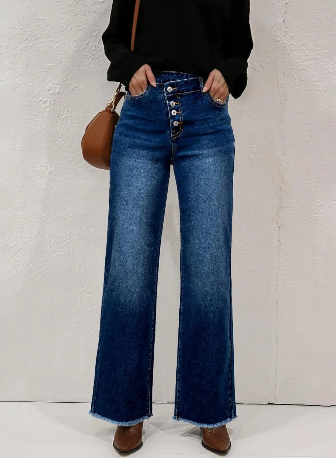 Sidefeel Women's Wide Leg Jeans High Waisted Stretchy Baggy Raw Hem Crossover Button Denim Pants