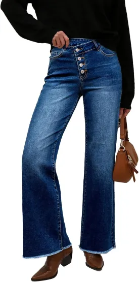 Sidefeel Women's Wide Leg Jeans High Waisted Stretchy Baggy Raw Hem Crossover Button Denim Pants