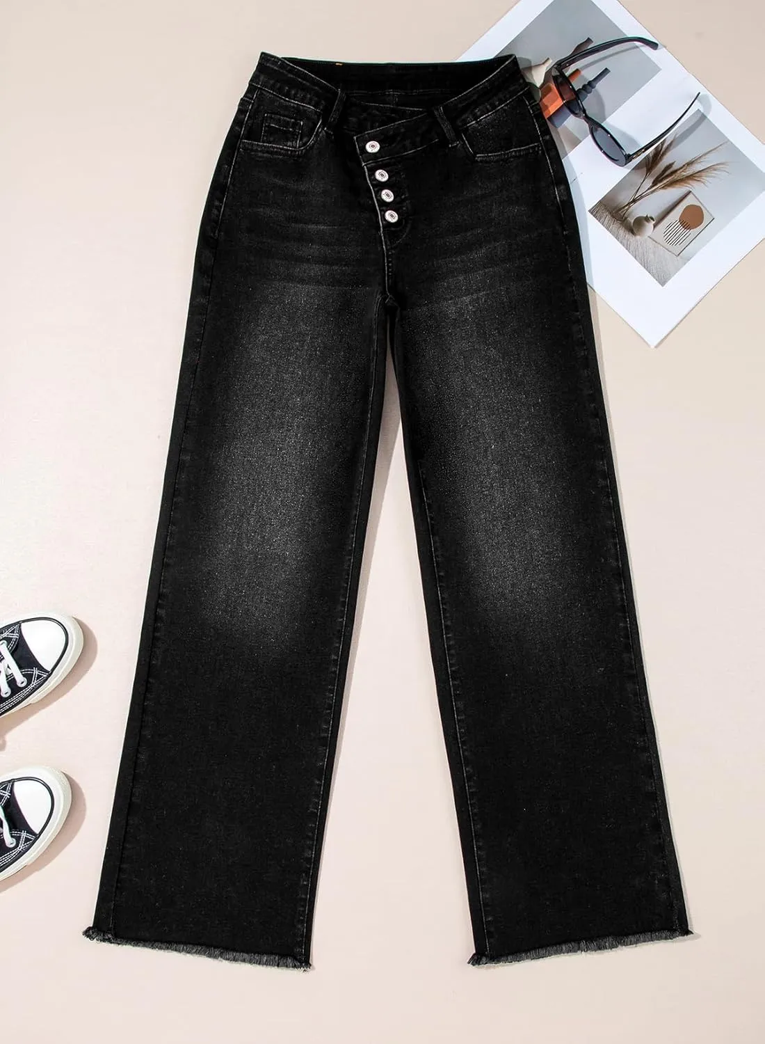 Sidefeel Women's Wide Leg Jeans High Waisted Stretchy Baggy Raw Hem Crossover Button Denim Pants
