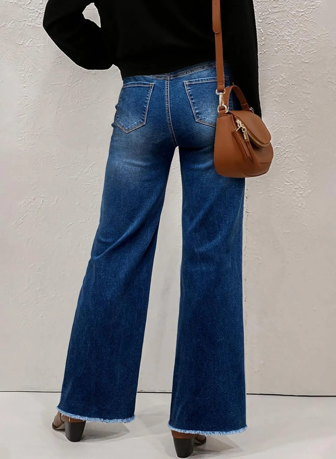 Sidefeel Women's Wide Leg Jeans High Waisted Stretchy Baggy Raw Hem Crossover Button Denim Pants