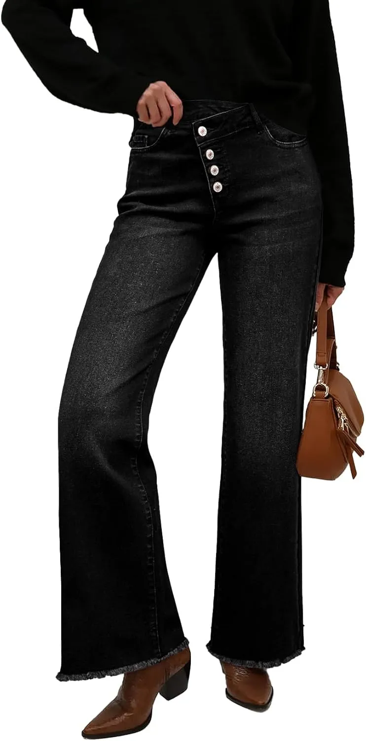 Sidefeel Women's Wide Leg Jeans High Waisted Stretchy Baggy Raw Hem Crossover Button Denim Pants