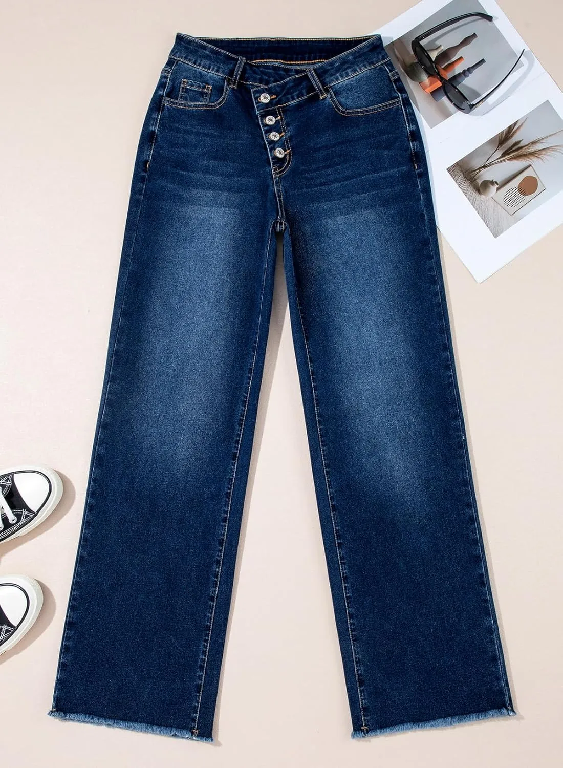 Sidefeel Women's Wide Leg Jeans High Waisted Stretchy Baggy Raw Hem Crossover Button Denim Pants