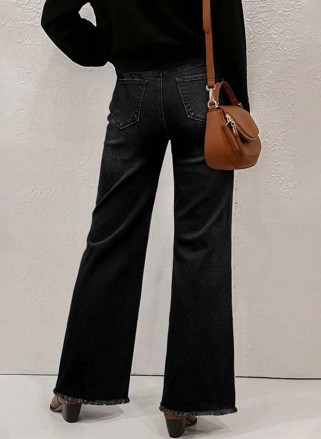 Sidefeel Women's Wide Leg Jeans High Waisted Stretchy Baggy Raw Hem Crossover Button Denim Pants