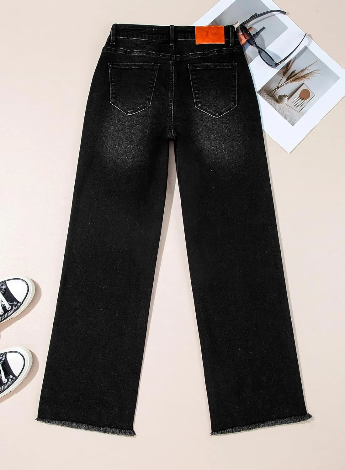 Sidefeel Women's Wide Leg Jeans High Waisted Stretchy Baggy Raw Hem Crossover Button Denim Pants