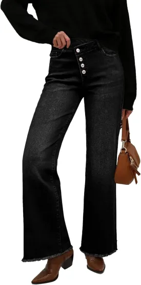 Sidefeel Women's Wide Leg Jeans High Waisted Stretchy Baggy Raw Hem Crossover Button Denim Pants