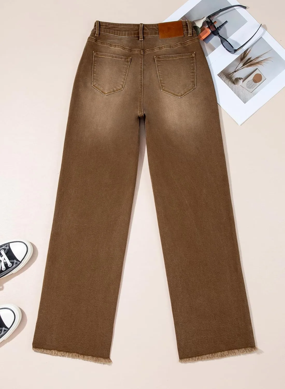 Sidefeel Women's Wide Leg Jeans High Waisted Stretchy Baggy Raw Hem Crossover Button Denim Pants