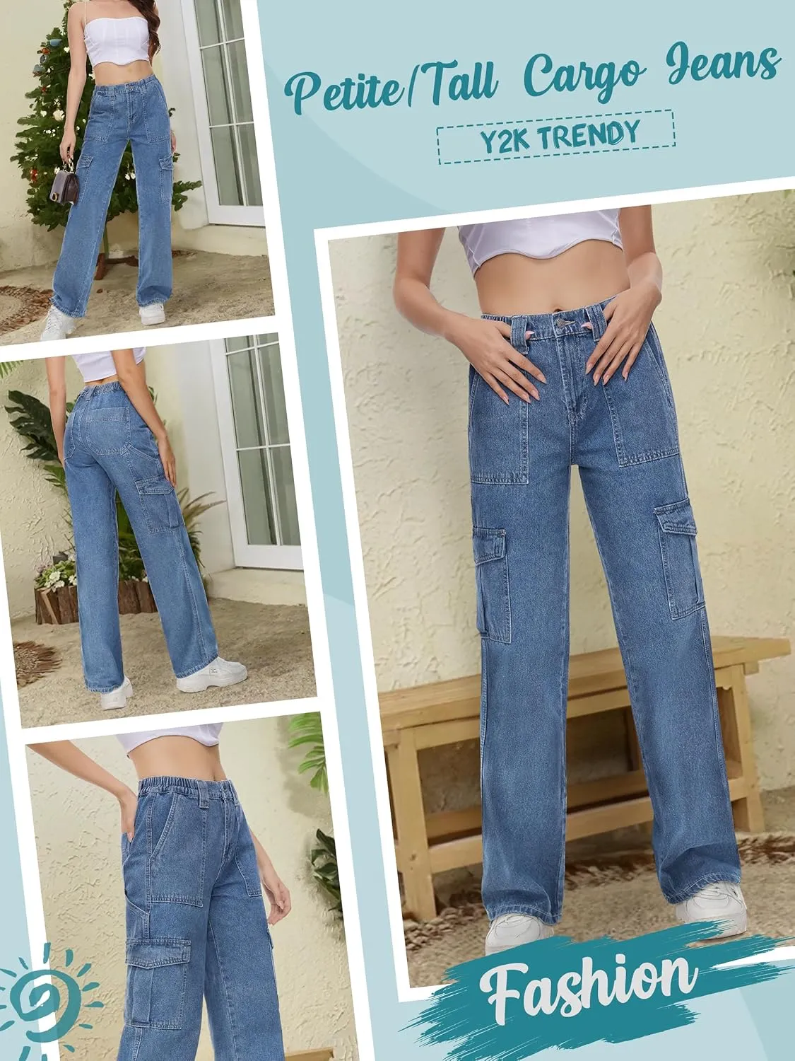 Tapata Women's 26"/28"/30"/32"/34" Cargo Jeans Straight Leg Short Petite Regular Tall Denim Relaxed Y2K Pants