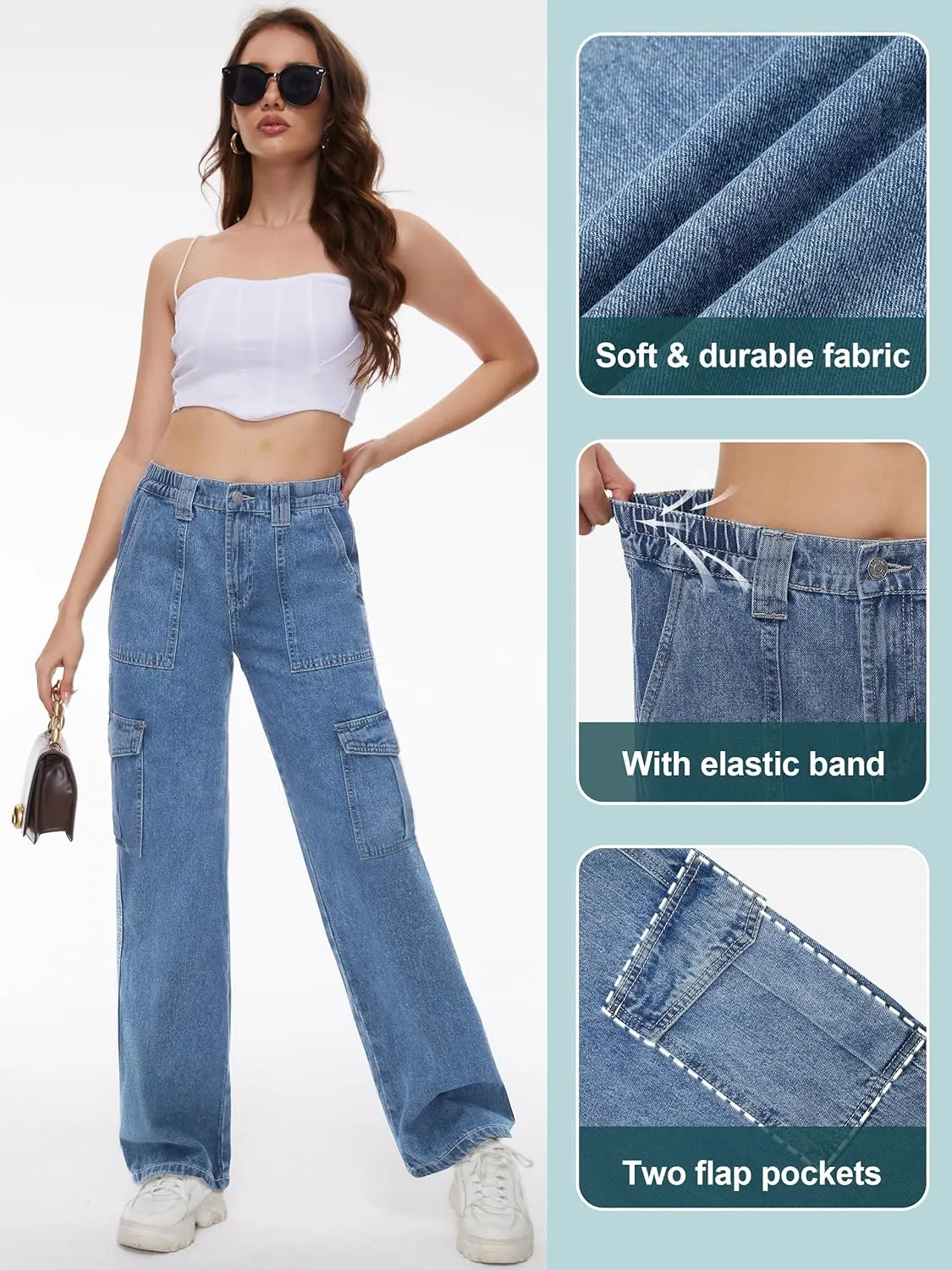 Tapata Women's 26"/28"/30"/32"/34" Cargo Jeans Straight Leg Short Petite Regular Tall Denim Relaxed Y2K Pants