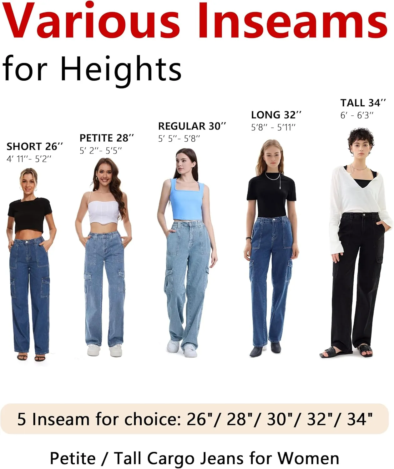 Tapata Women's 26"/28"/30"/32"/34" Cargo Jeans Straight Leg Short Petite Regular Tall Denim Relaxed Y2K Pants