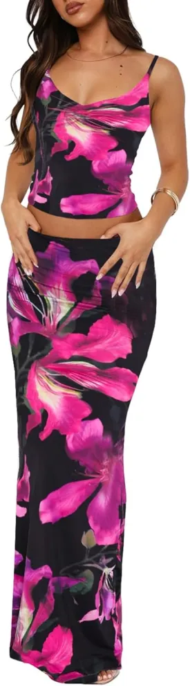 Two Piece Skirt Set for Women - Sexy 2 Pc Sleeveless Spaghetti Strap Pleated Tank Top Maxi Long Skirts Sets