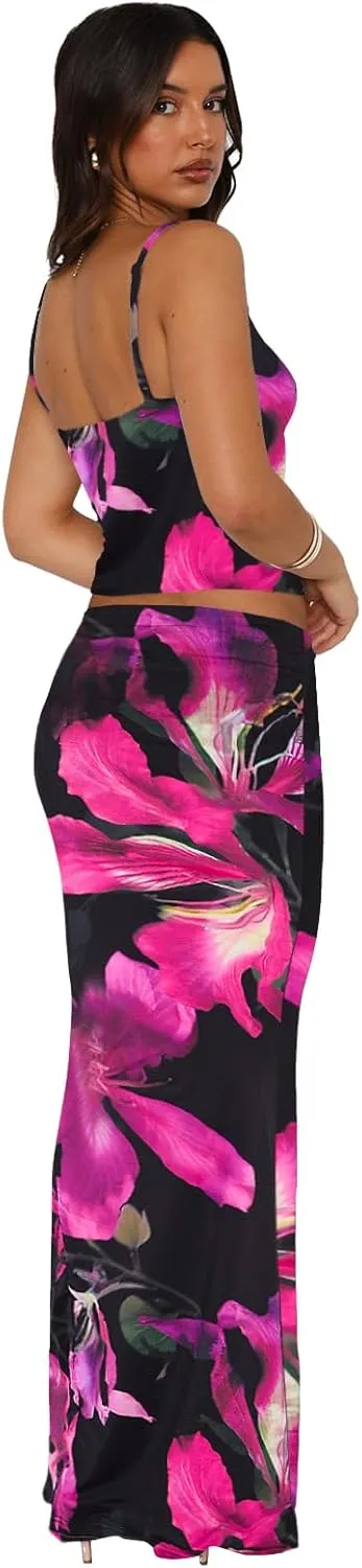 Two Piece Skirt Set for Women - Sexy 2 Pc Sleeveless Spaghetti Strap Pleated Tank Top Maxi Long Skirts Sets