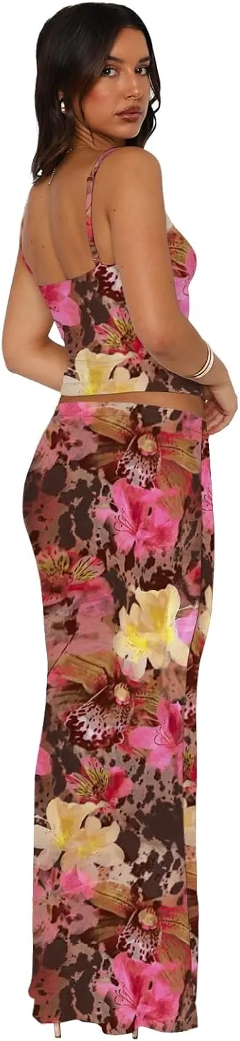 Two Piece Skirt Set for Women - Sexy 2 Pc Sleeveless Spaghetti Strap Pleated Tank Top Maxi Long Skirts Sets