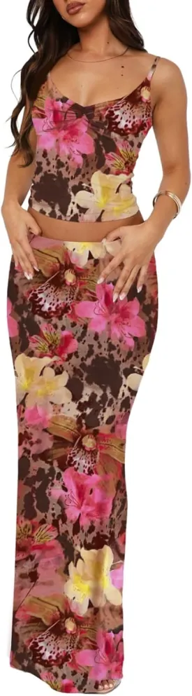 Two Piece Skirt Set for Women - Sexy 2 Pc Sleeveless Spaghetti Strap Pleated Tank Top Maxi Long Skirts Sets